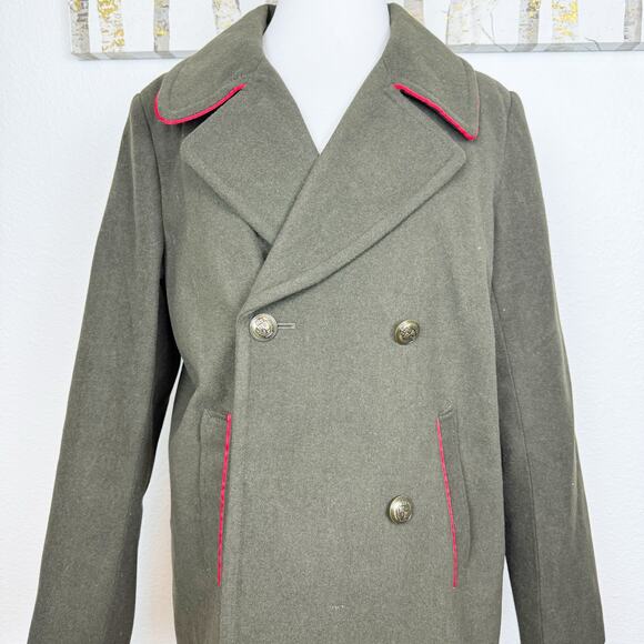 NWOT Express Military Double Breasted Pea Coat Jacket Olive Green Red Large - Picture 2 of 8